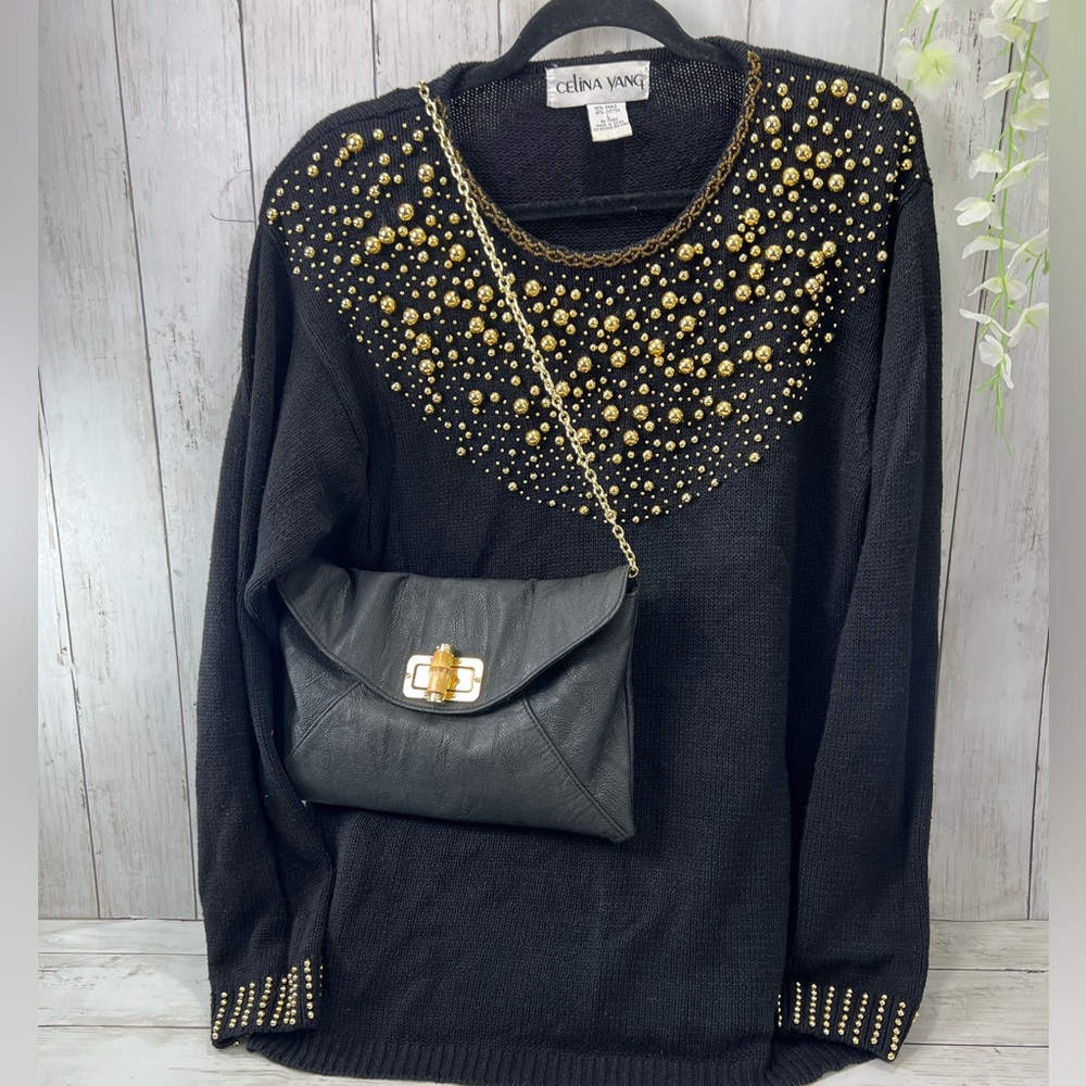 Vintage  Knit 80s Celina Yang Gold Beaded Womens Sz L Black embellished Sweater